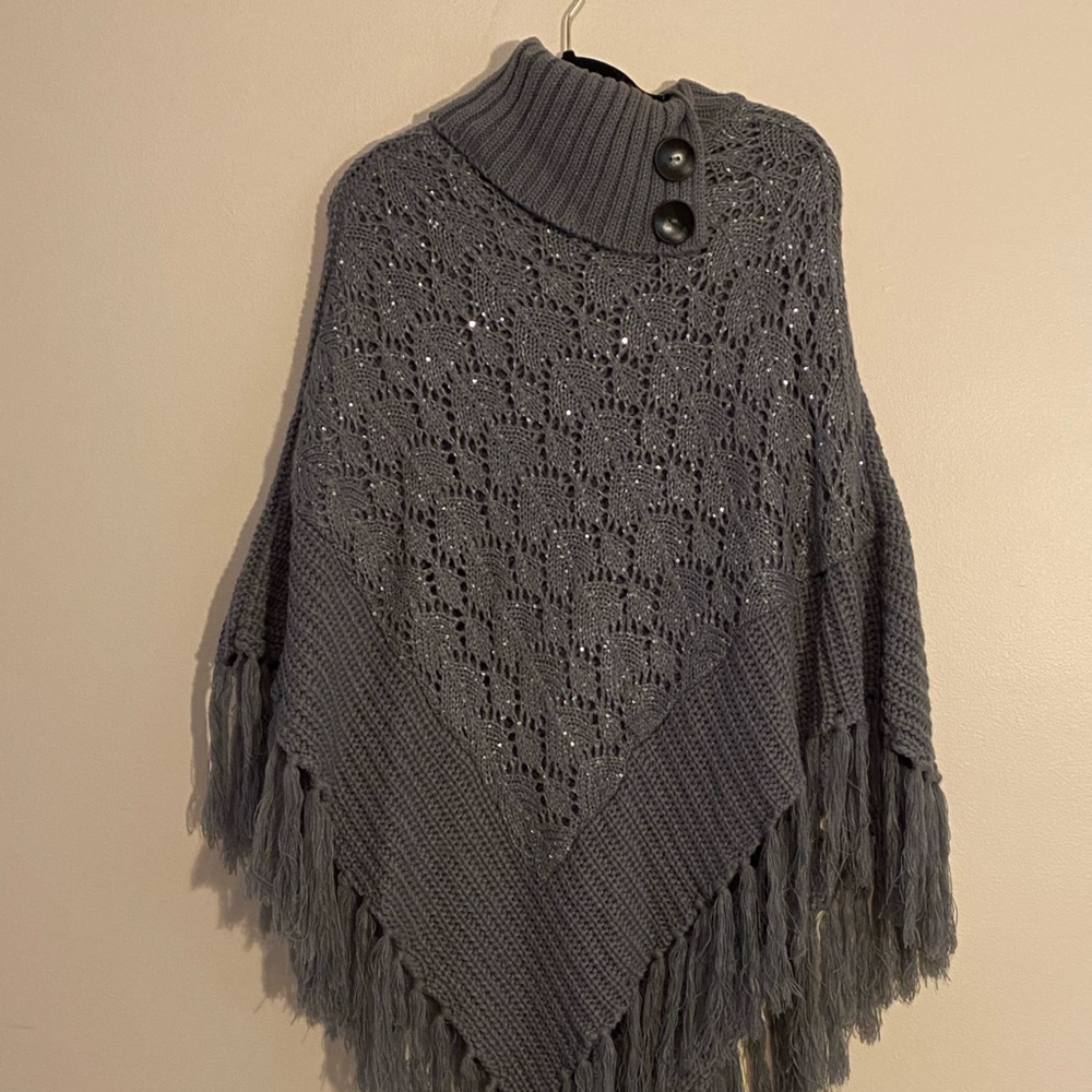 Beautiful Gray sequined knit poncho with cowl neck
